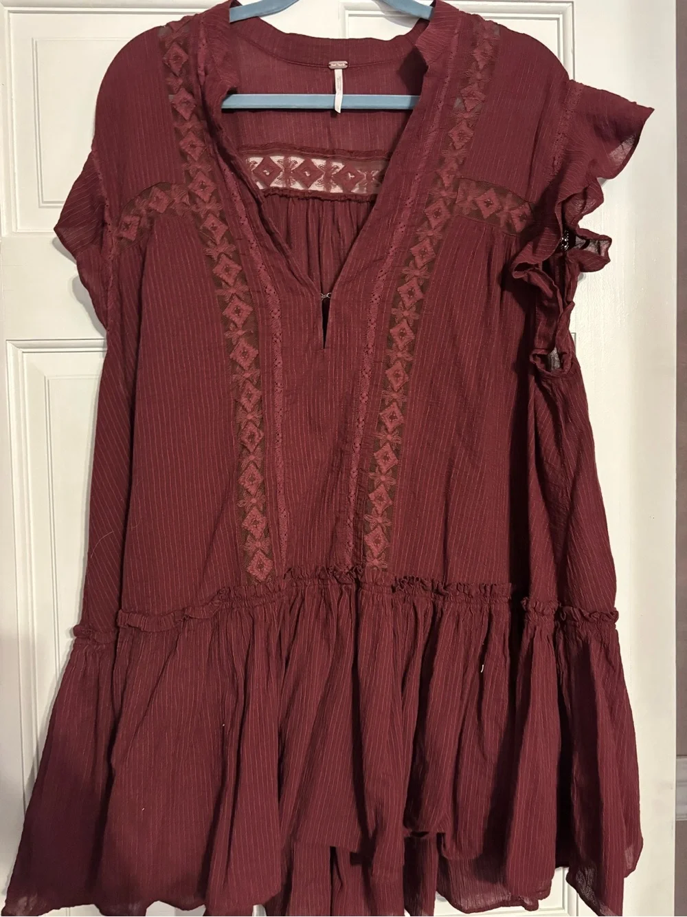 Free People Boho Embroidered V-Neck Tunic - Wine